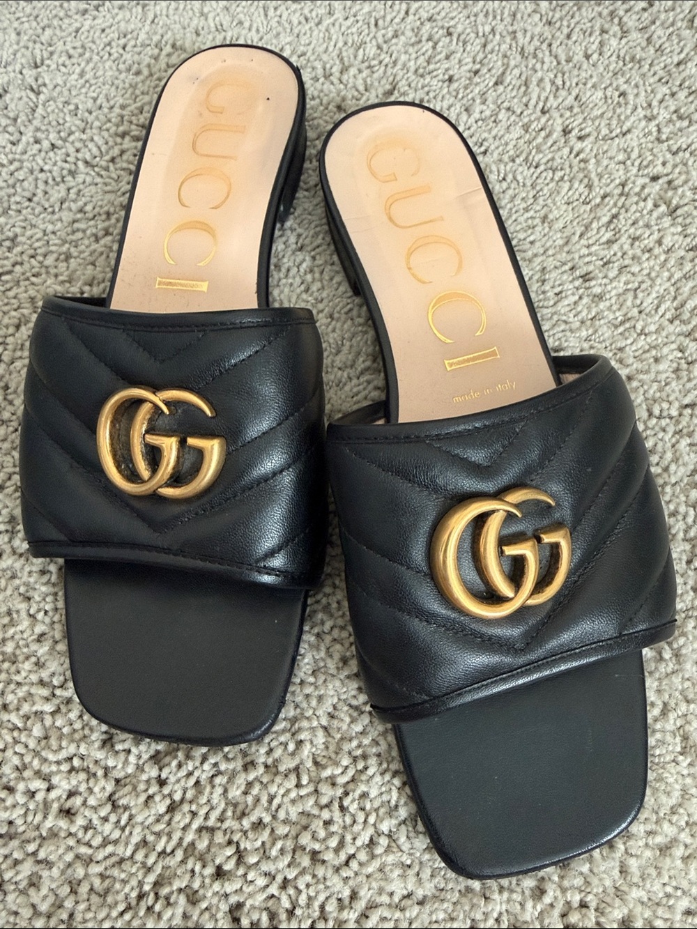 Gucci Black Leather Quilted Slides with Gold Double G-Sz 10